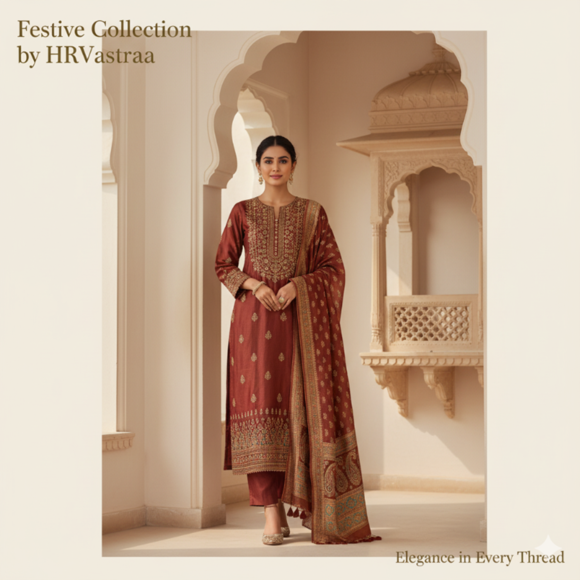 Woman in a traditional outfit with intricate patterns standing in an ornate architectural setting, promoting HRVastraáé's festive collection.