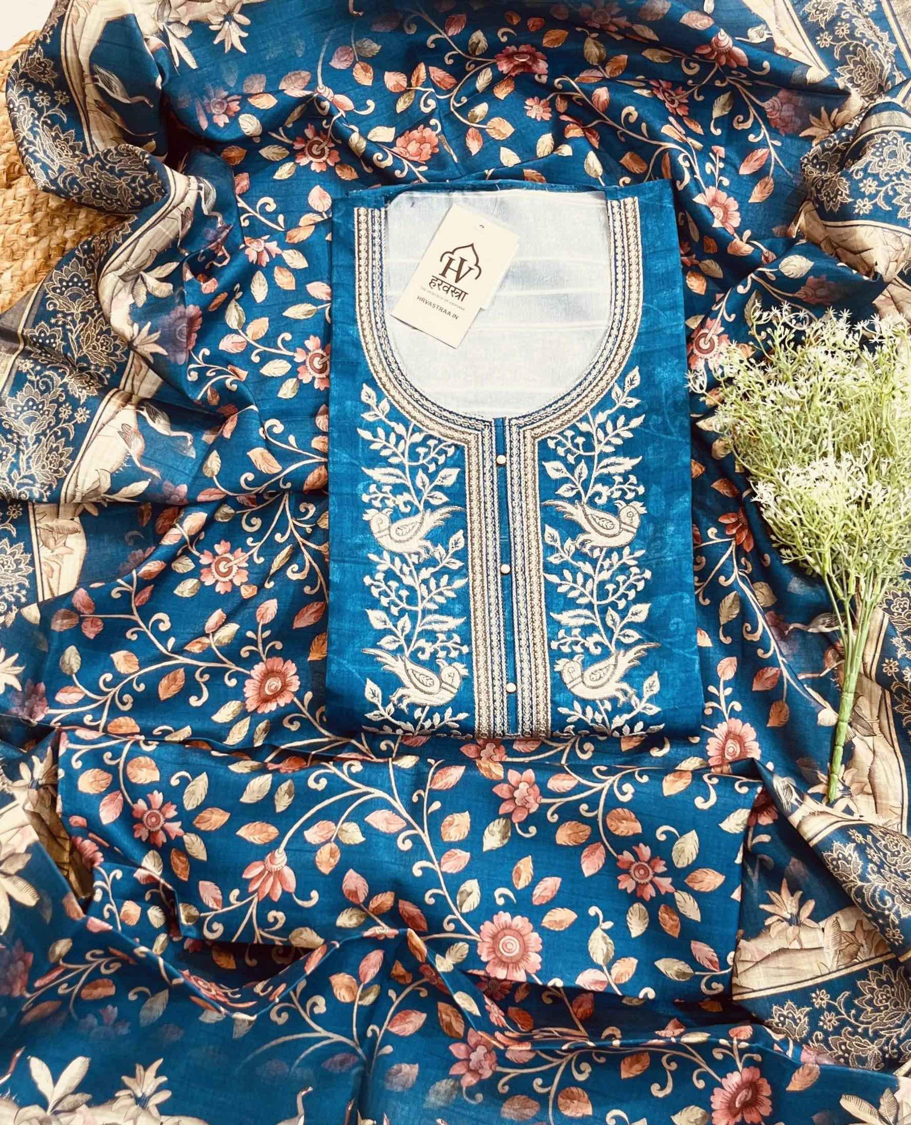Royal Blue Kashmiri Embroidered Silk Suit – Hrvastraa Exclusive
