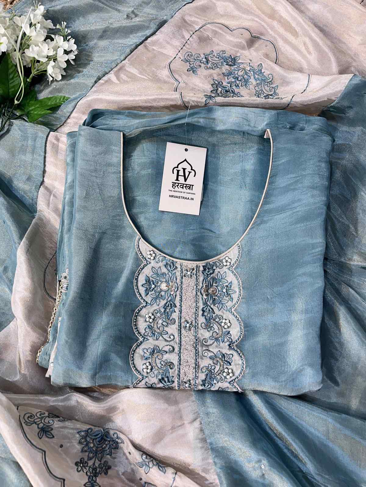 ✨ Turquoise Blue Shimmer Organza Embroidered Suit Set