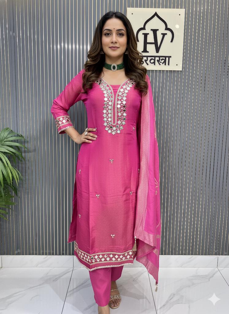 Radiant Pink ,teal blue Mirror Work Silk Suit Set