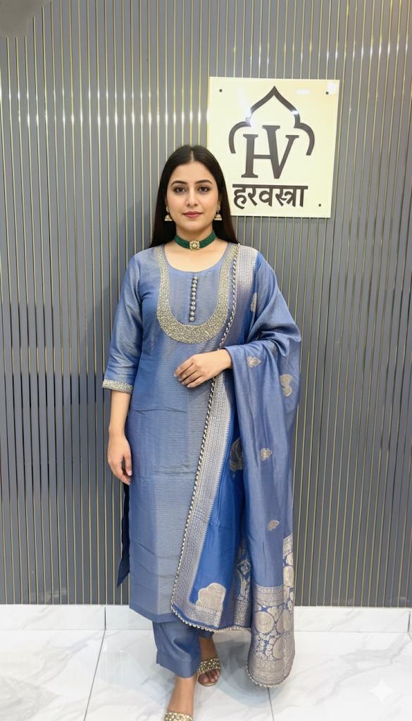 Royal Blue Silk Suit with Hand Embellished Neckline & Zari Dupatta