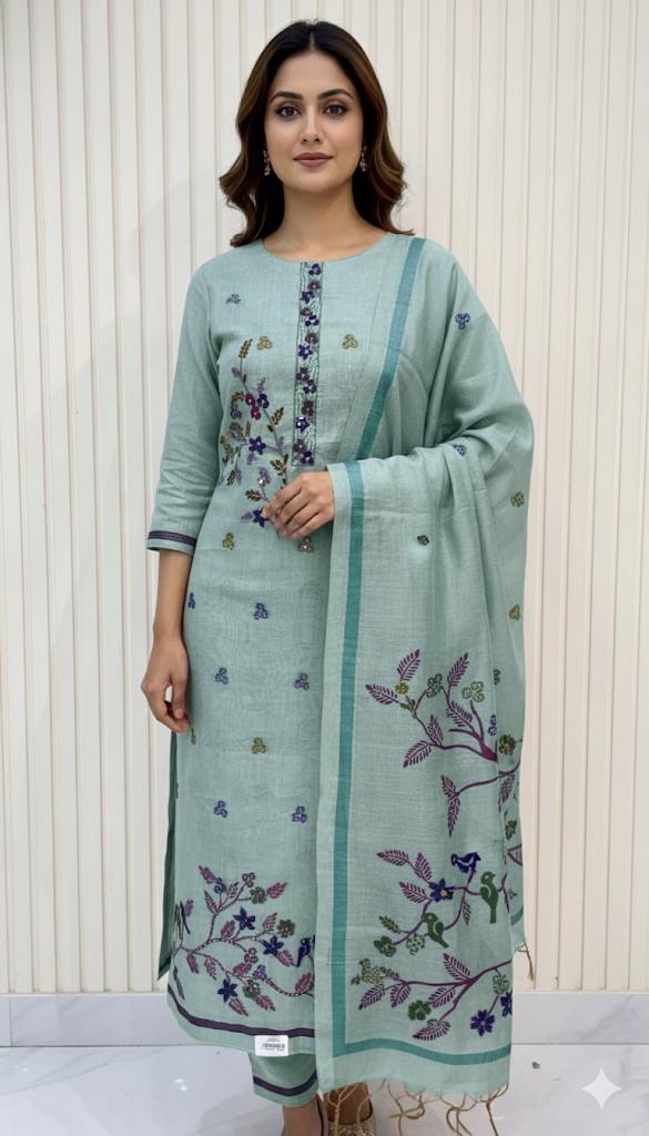 Kantha & Kolkata Work Embroidered Cotton Suit Set – Elegant Handcrafted Floral Design