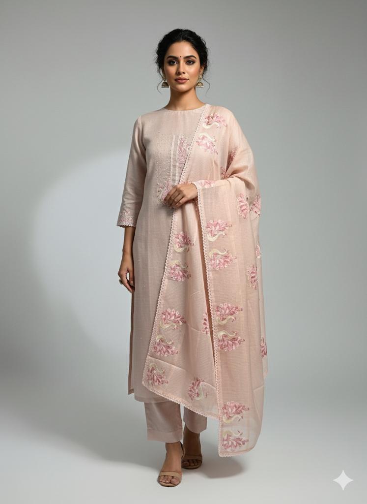 Elegant Embroidered Kota Doriya Suits with Kantha Work – Pastel Collection (Lavender, Blush, Sage Green)