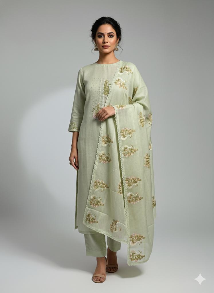 Elegant Embroidered Kota Doriya Suits with Kantha Work – Pastel Collection (Lavender, Blush, Sage Green)