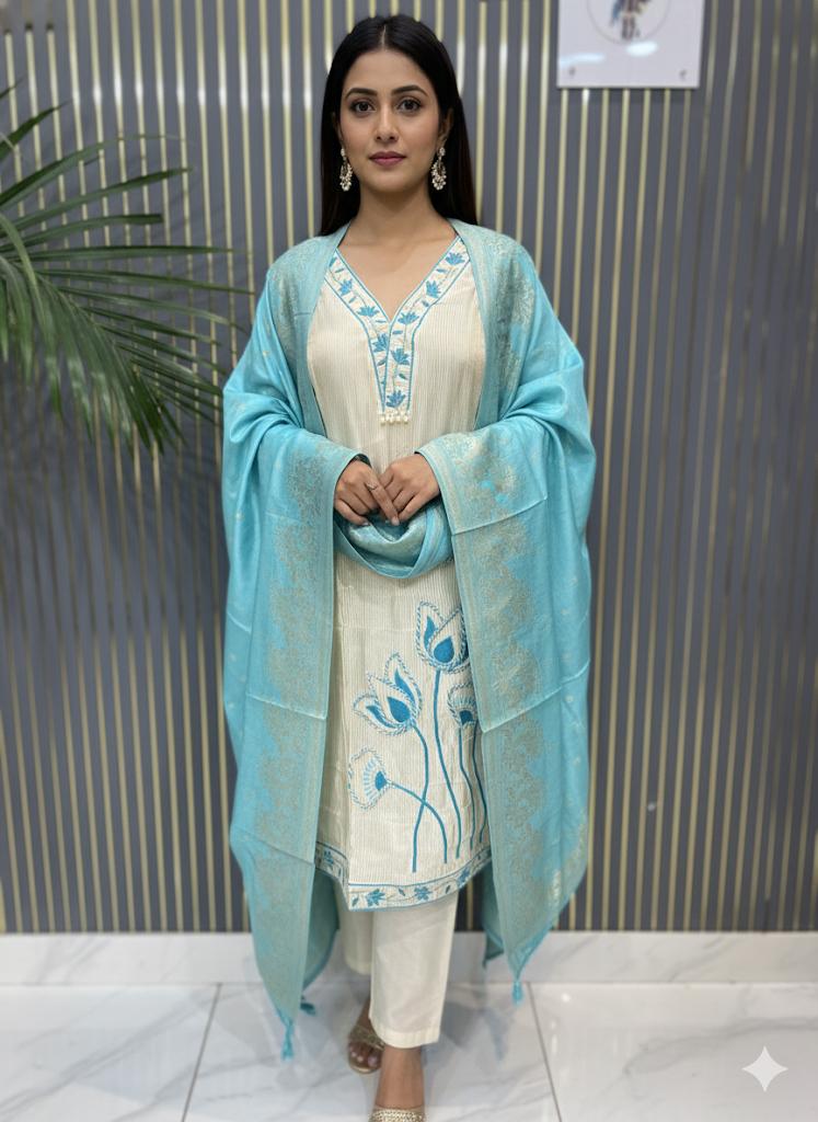 Elegant Off-White Suit with Lotus Embroidery & Banarasi Dupatta