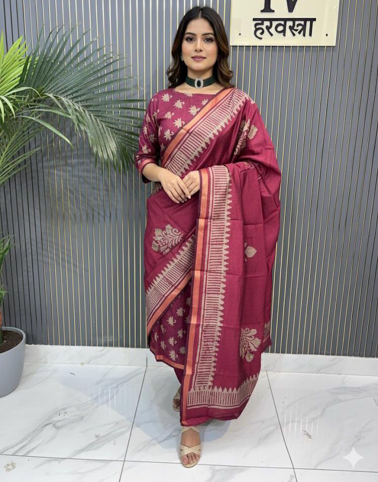 Maheshwari Silk Suit with Golden Zari Border