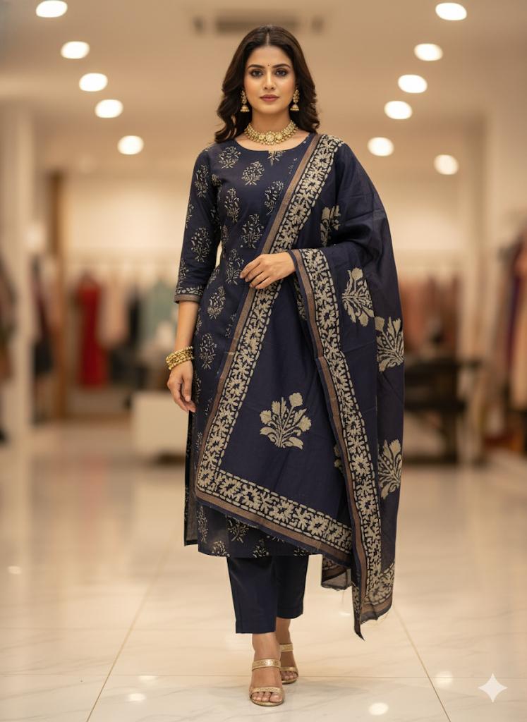 Elegant Maheshwari Silk Suit in dark slate blue with Hand Block Print