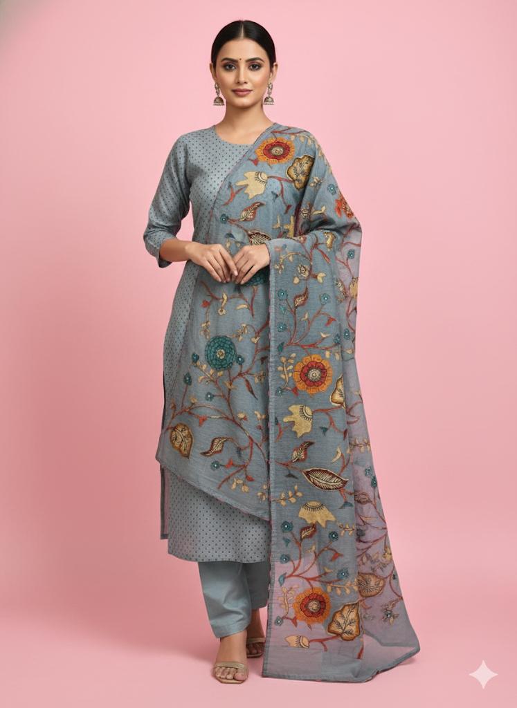 Elegant Grey Patch Work Cotton Suit with Embroidered Dupatta