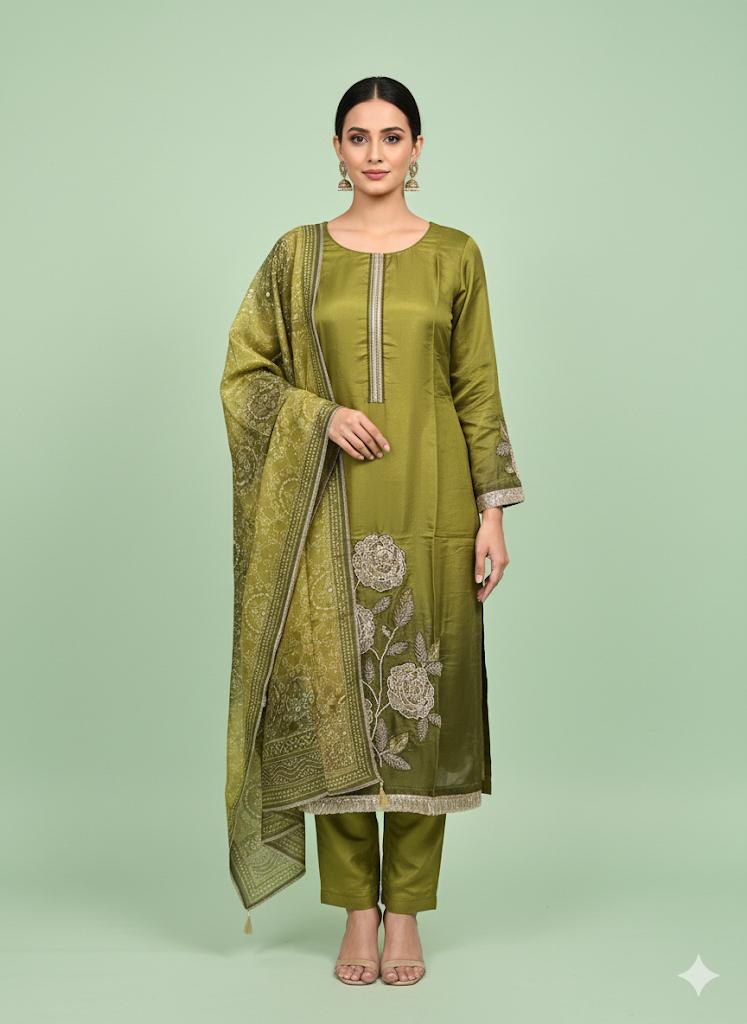 Fuchsia Pink–Orange & Green Ombré Silk Suits with Elegant Embroidery and Bandhani Dupatta