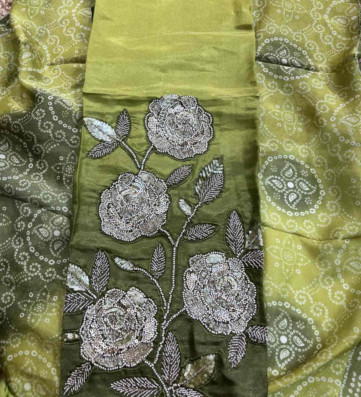 Fuchsia Pink–Orange & Green Ombré Silk Suits with Elegant Embroidery and Bandhani Dupatta