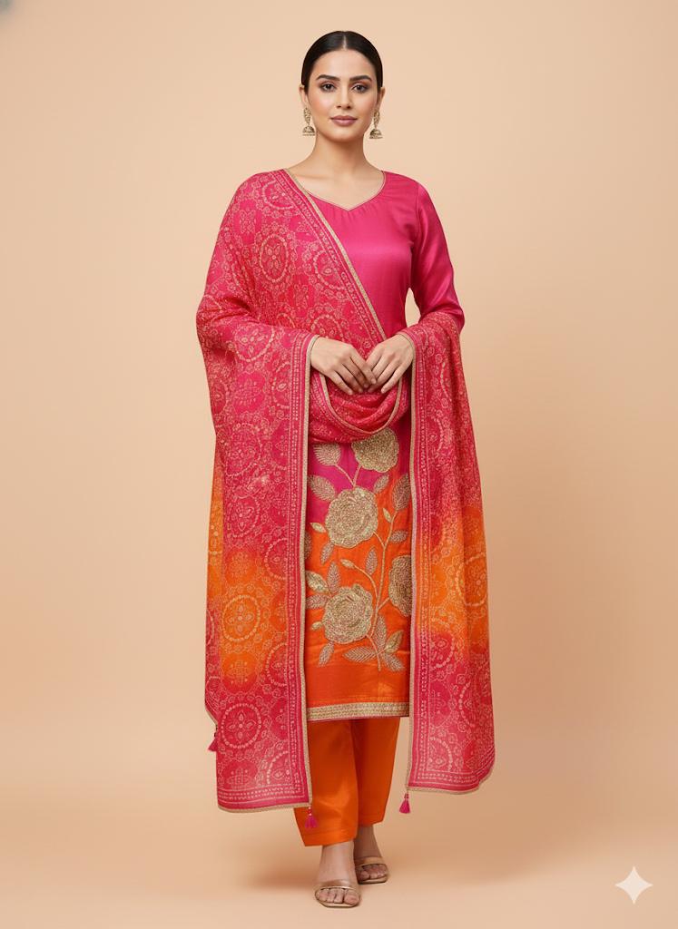 Fuchsia Pink–Orange & Green Ombré Silk Suits with Elegant Embroidery and Bandhani Dupatta