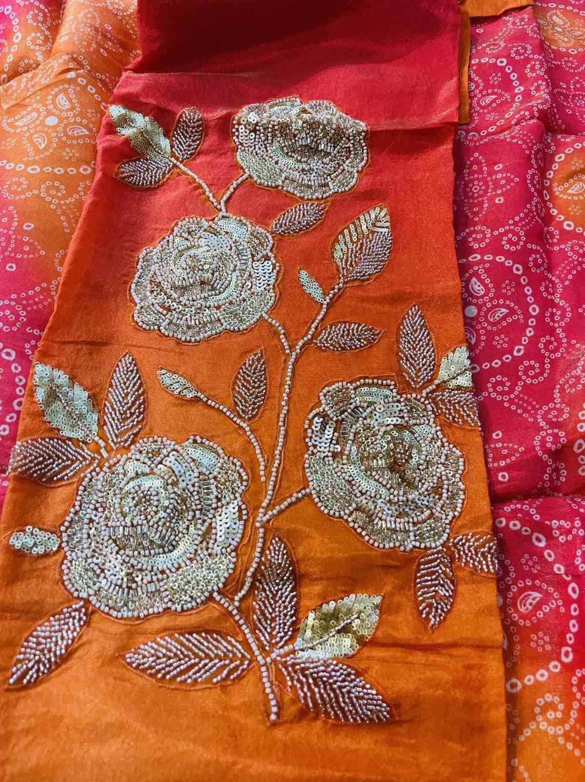 Fuchsia Pink–Orange & Green Ombré Silk Suits with Elegant Embroidery and Bandhani Dupatta