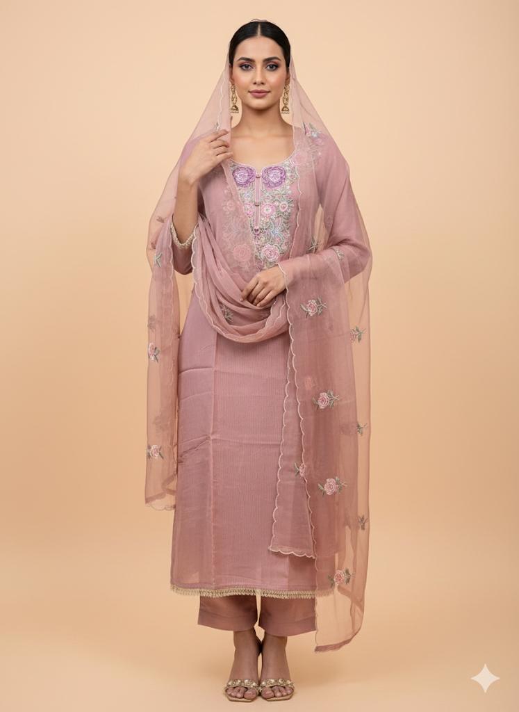 ✨ Elegant Floral Embroidered Organza Suit Set – Mauve, Lemon Yellow & Sage Green