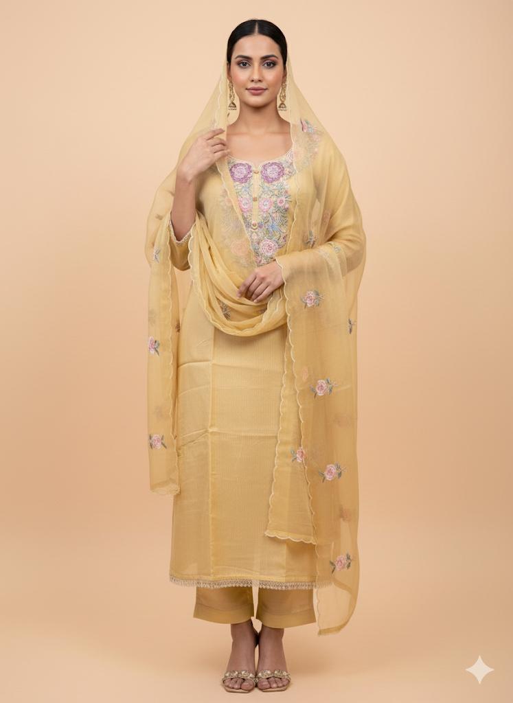 ✨ Elegant Floral Embroidered Organza Suit Set – Mauve, Lemon Yellow & Sage Green