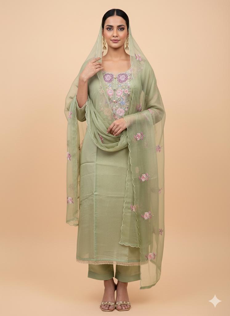 ✨ Elegant Floral Embroidered Organza Suit Set – Mauve, Lemon Yellow & Sage Green