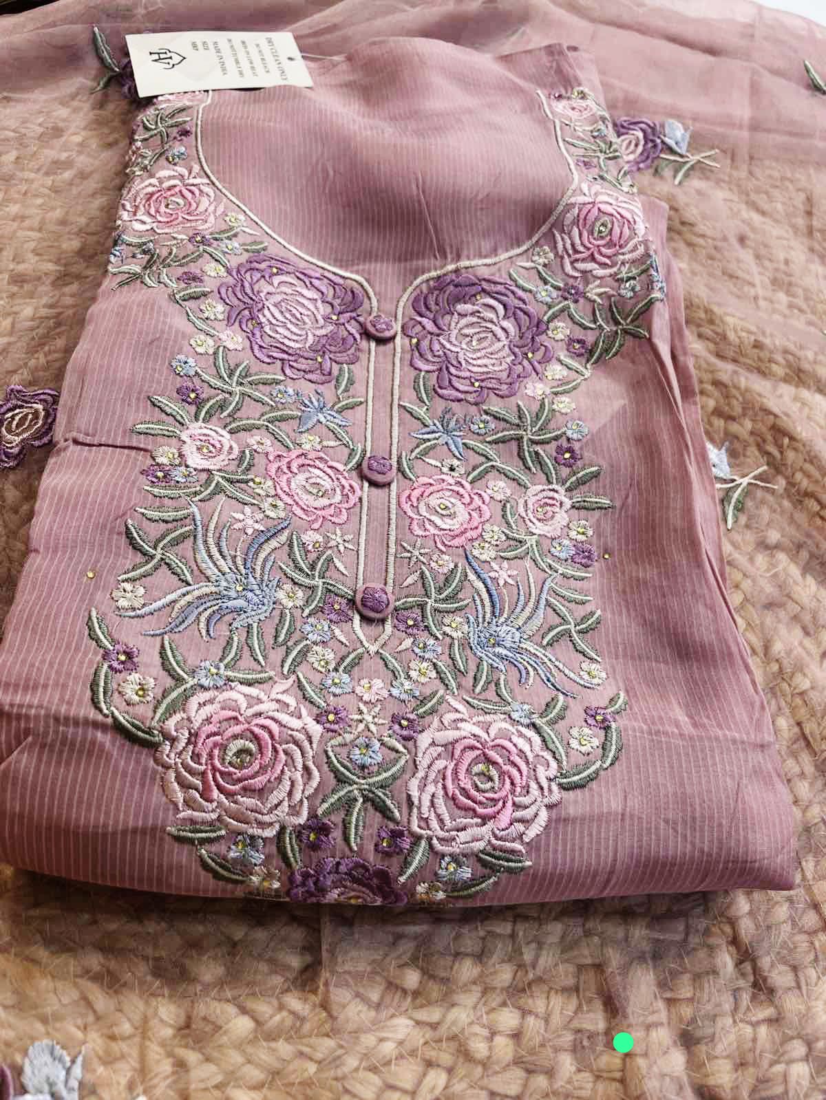 ✨ Elegant Floral Embroidered Organza Suit Set – Mauve, Lemon Yellow & Sage Green