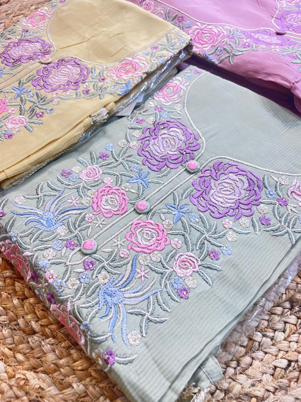 ✨ Elegant Floral Embroidered Organza Suit Set – Mauve, Lemon Yellow & Sage Green