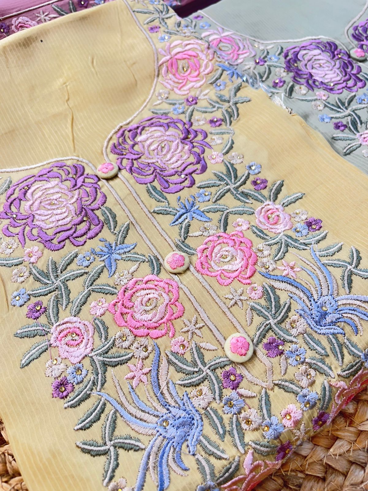 ✨ Elegant Floral Embroidered Organza Suit Set – Mauve, Lemon Yellow & Sage Green