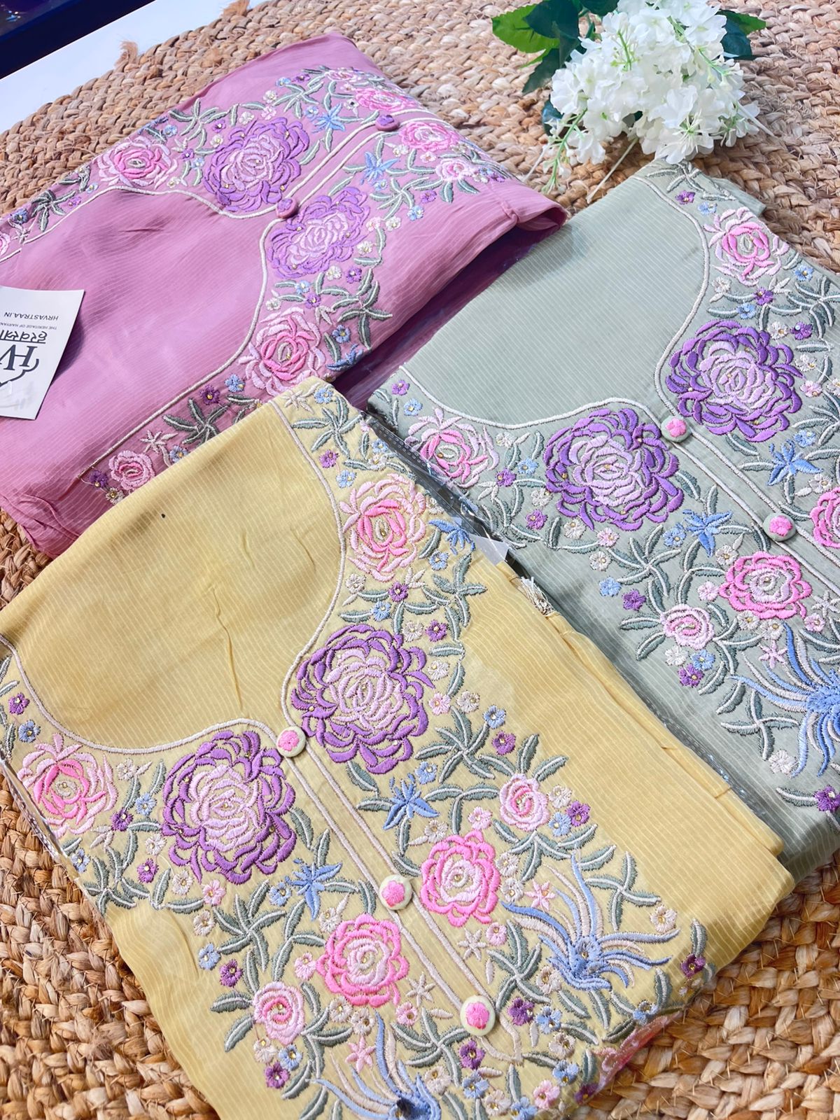 ✨ Elegant Floral Embroidered Organza Suit Set – Mauve, Lemon Yellow & Sage Green