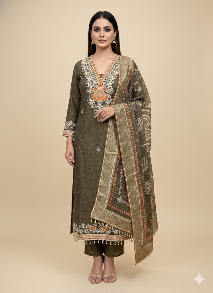 ✨ Pure Silk Blend Chanderi Suit with Mirror Embroidery – Festive & Party Wear