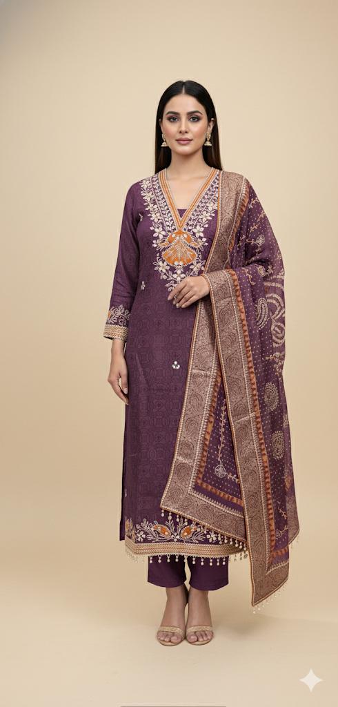 ✨ Pure Silk Blend Chanderi Suit with Mirror Embroidery – Festive & Party Wear