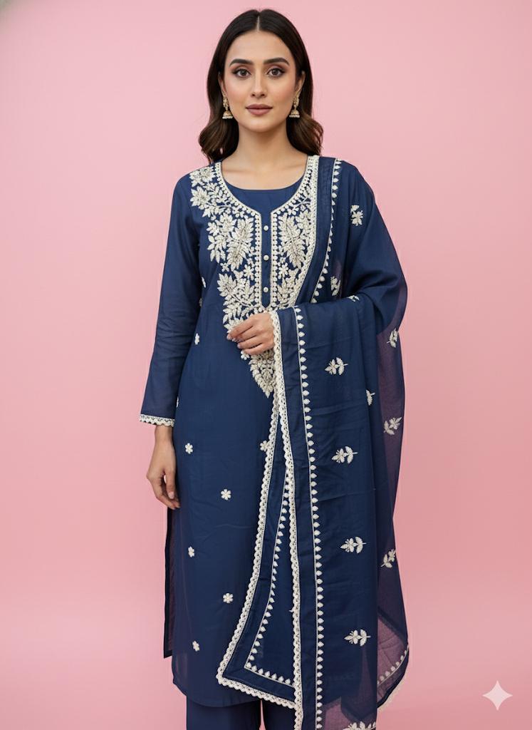 Navy Blue Chikankari Embroidered Cotton Suit with Dupatta