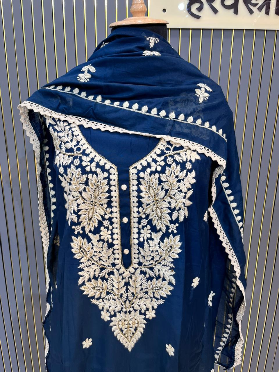 Navy Blue Chikankari Embroidered Cotton Suit with Dupatta