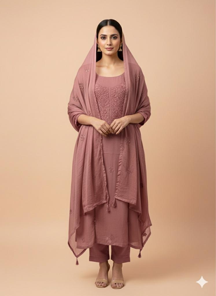 Dusty Rose Georgette Embroidered Suit Set with Dupatta