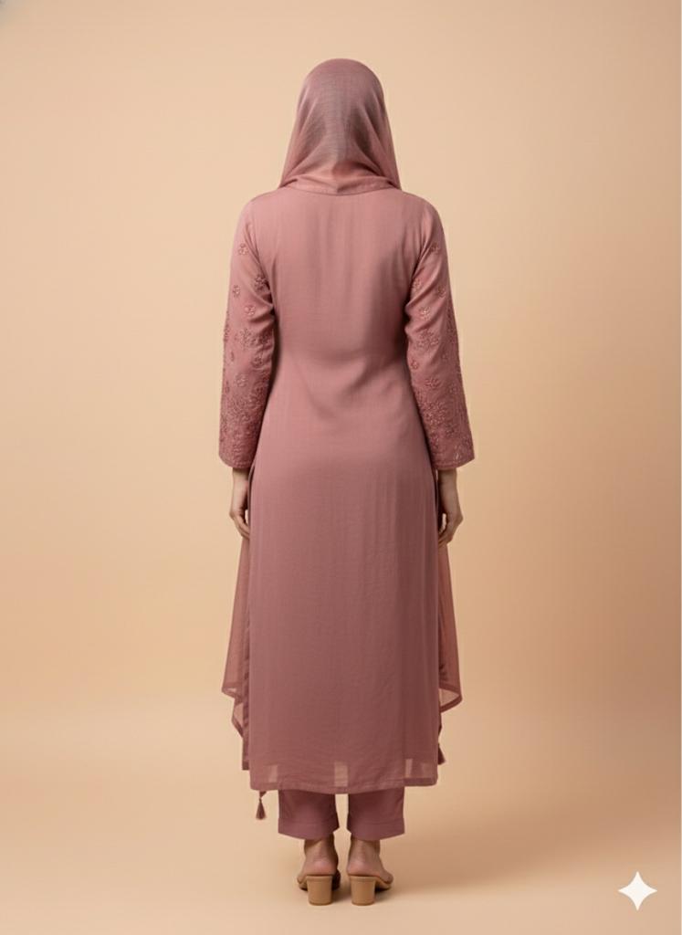 Dusty Rose Georgette Embroidered Suit Set with Dupatta