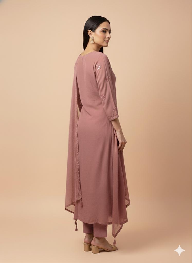 Dusty Rose Georgette Embroidered Suit Set with Dupatta