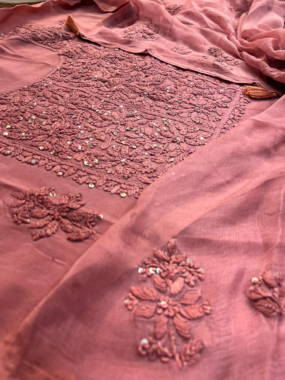 Dusty Rose Georgette Embroidered Suit Set with Dupatta