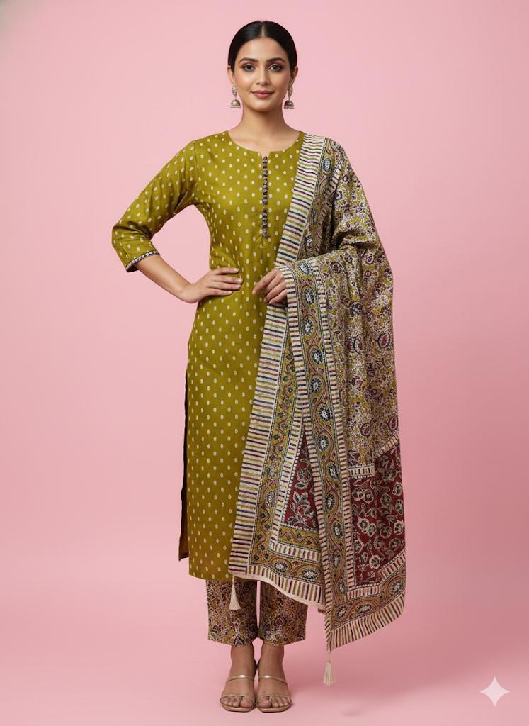 Handblock Printed Cotton Suit with Ajrakh Dupatta – Teal & Mustard Variants