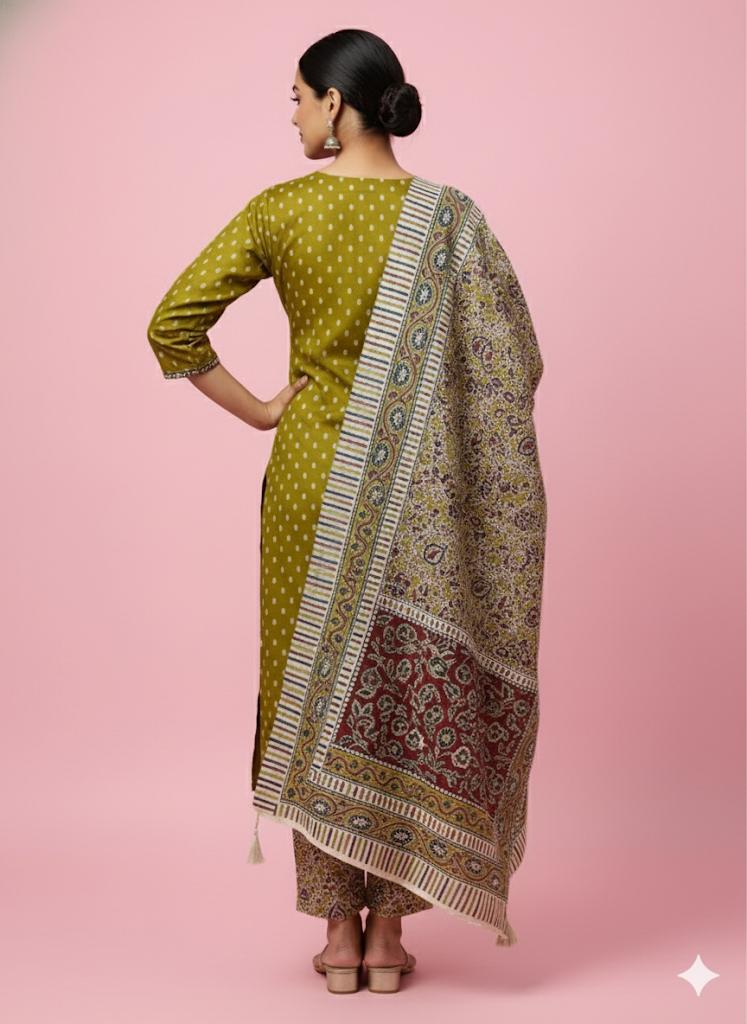 Handblock Printed Cotton Suit with Ajrakh Dupatta – Teal & Mustard Variants