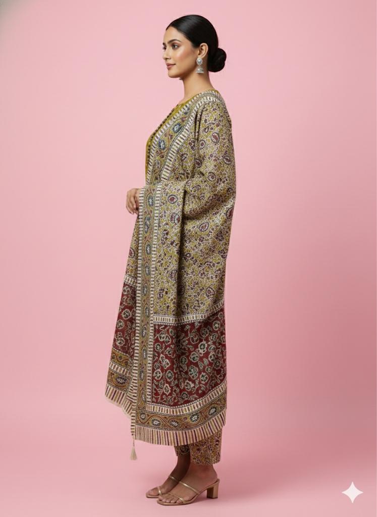 Handblock Printed Cotton Suit with Ajrakh Dupatta – Teal & Mustard Variants
