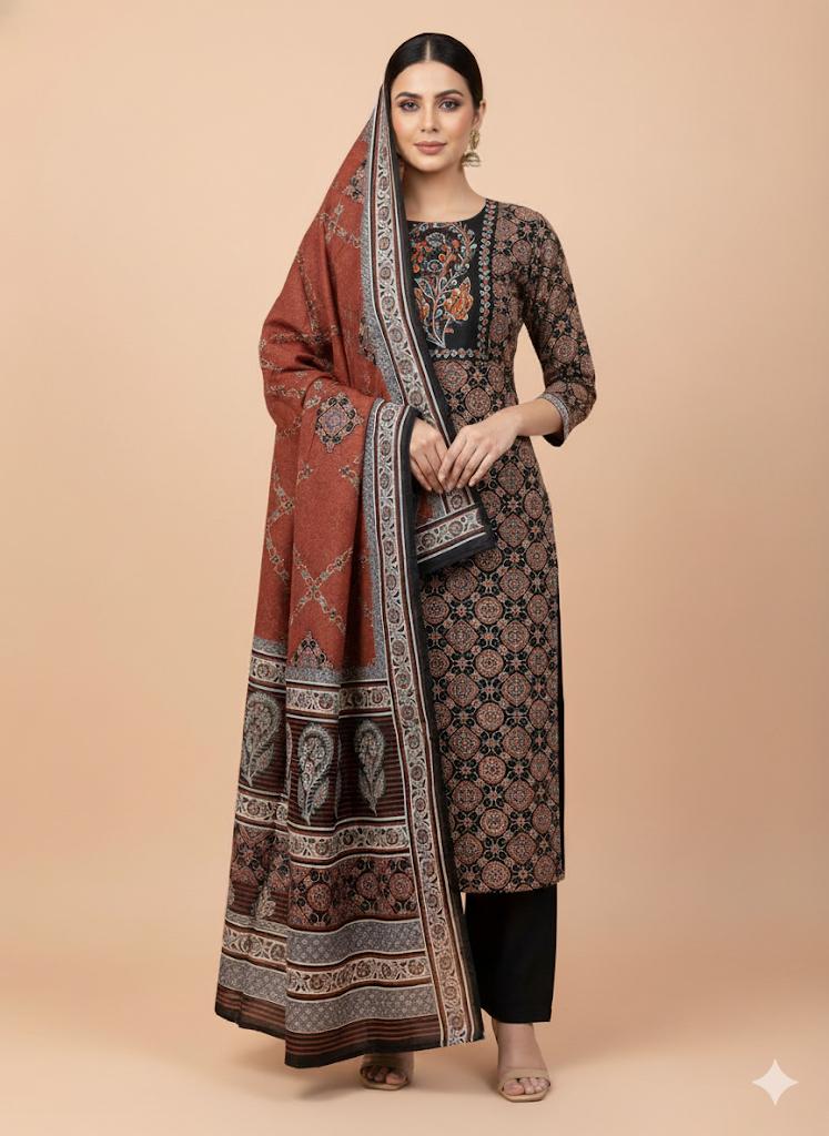 Rust Black Ajrak Print Cotton Suit with Katha Embroidery