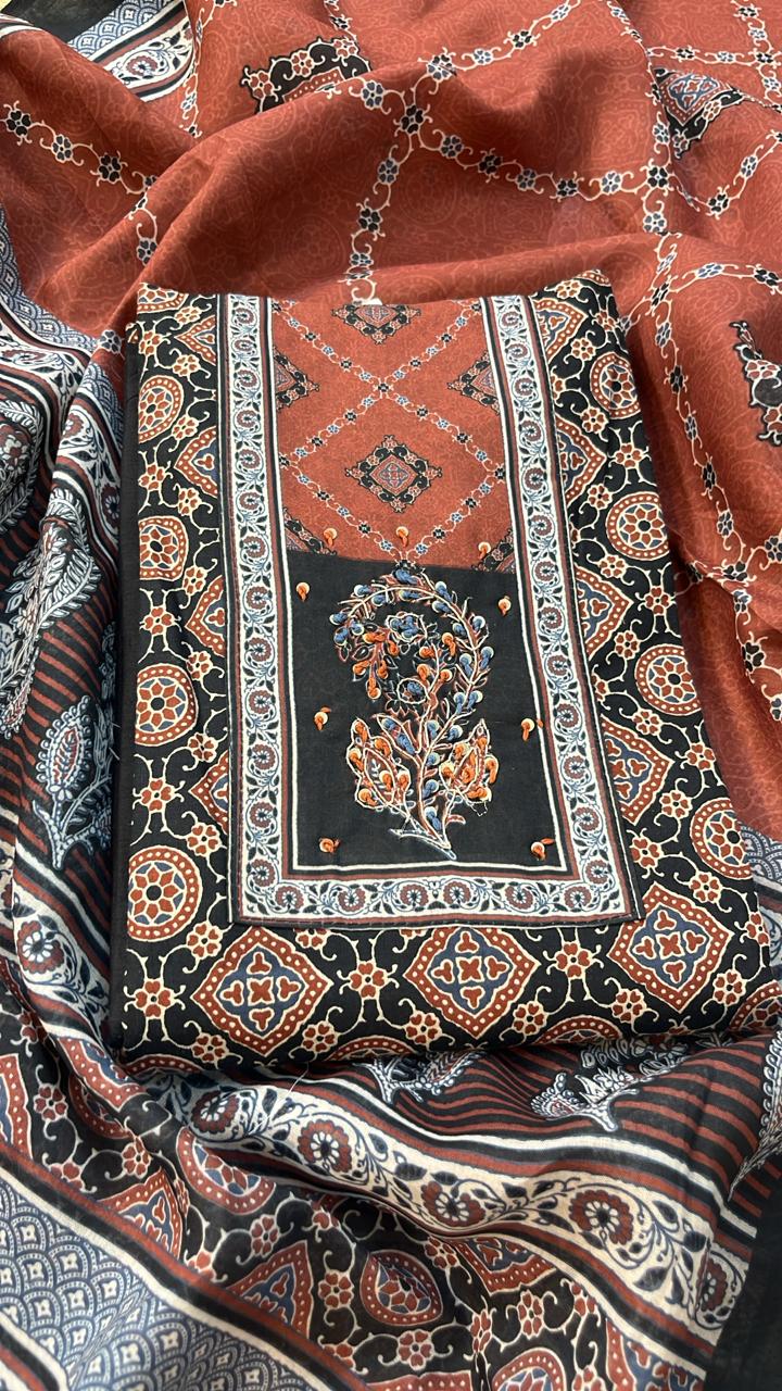 Rust Black Ajrak Print Cotton Suit with Katha Embroidery