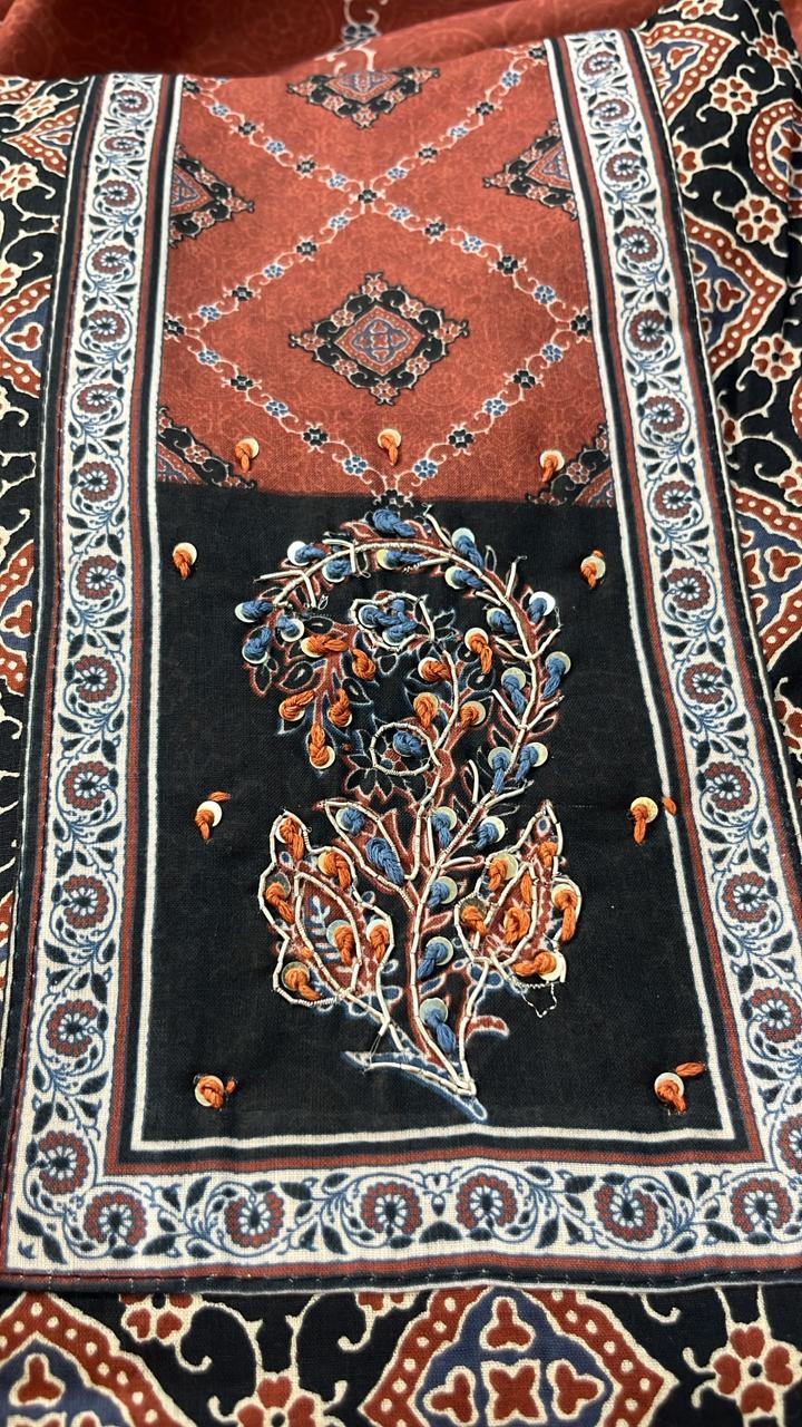 Rust Black Ajrak Print Cotton Suit with Katha Embroidery
