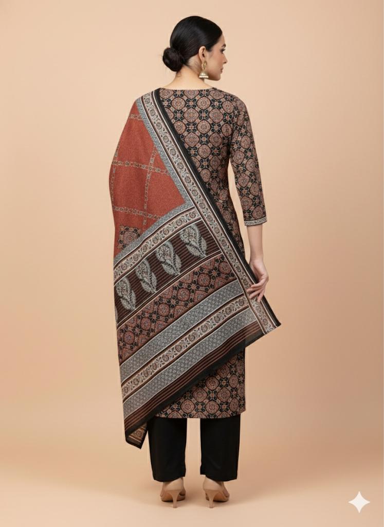 Rust Black Ajrak Print Cotton Suit with Katha Embroidery