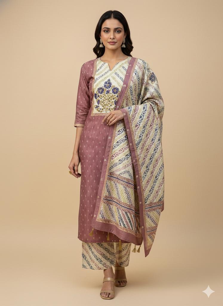 Elegant Mauve Cotton Printed Suit with Ajrak-Inspired Dupatta
