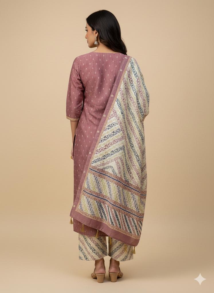 Elegant Mauve Cotton Printed Suit with Ajrak-Inspired Dupatta