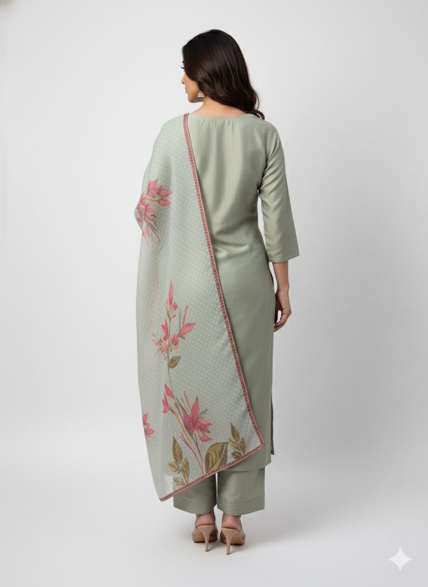 Pastel Green Embroidered Chanderi Suit with Printed Dupatta