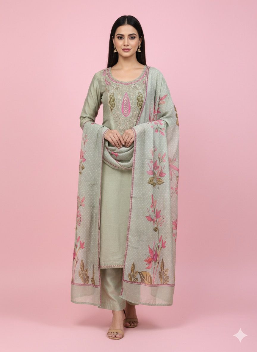 Pastel Green Embroidered Chanderi Suit with Printed Dupatta