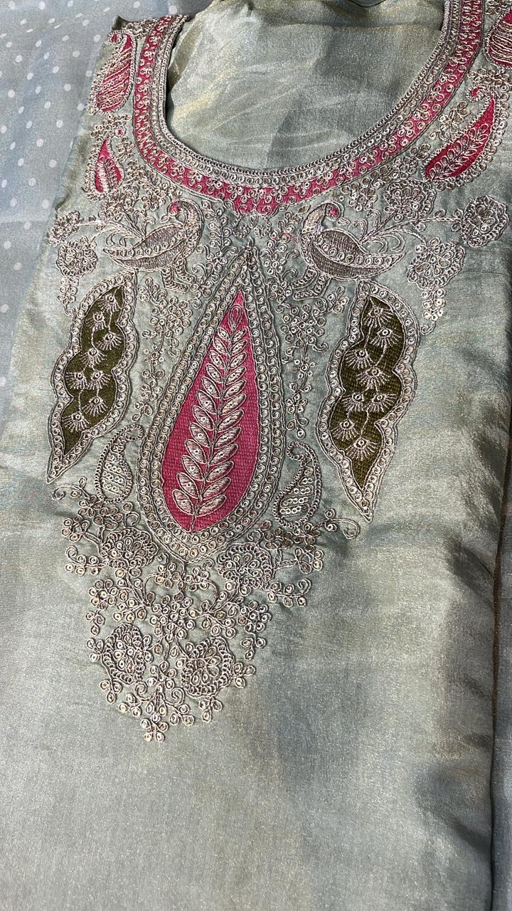 Pastel Green Embroidered Chanderi Suit with Printed Dupatta
