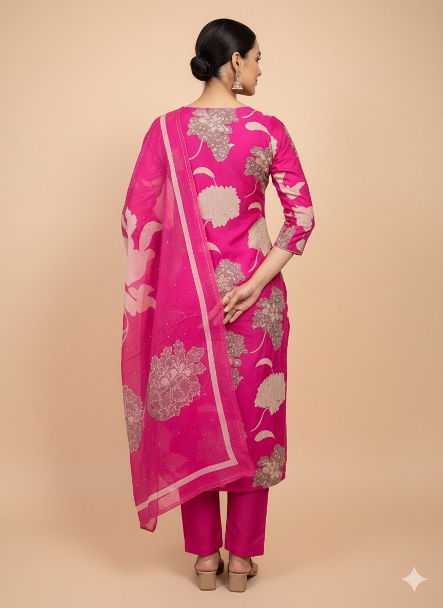 Print Sequin Work Burberry  Suit Fabric – Pink & Beige