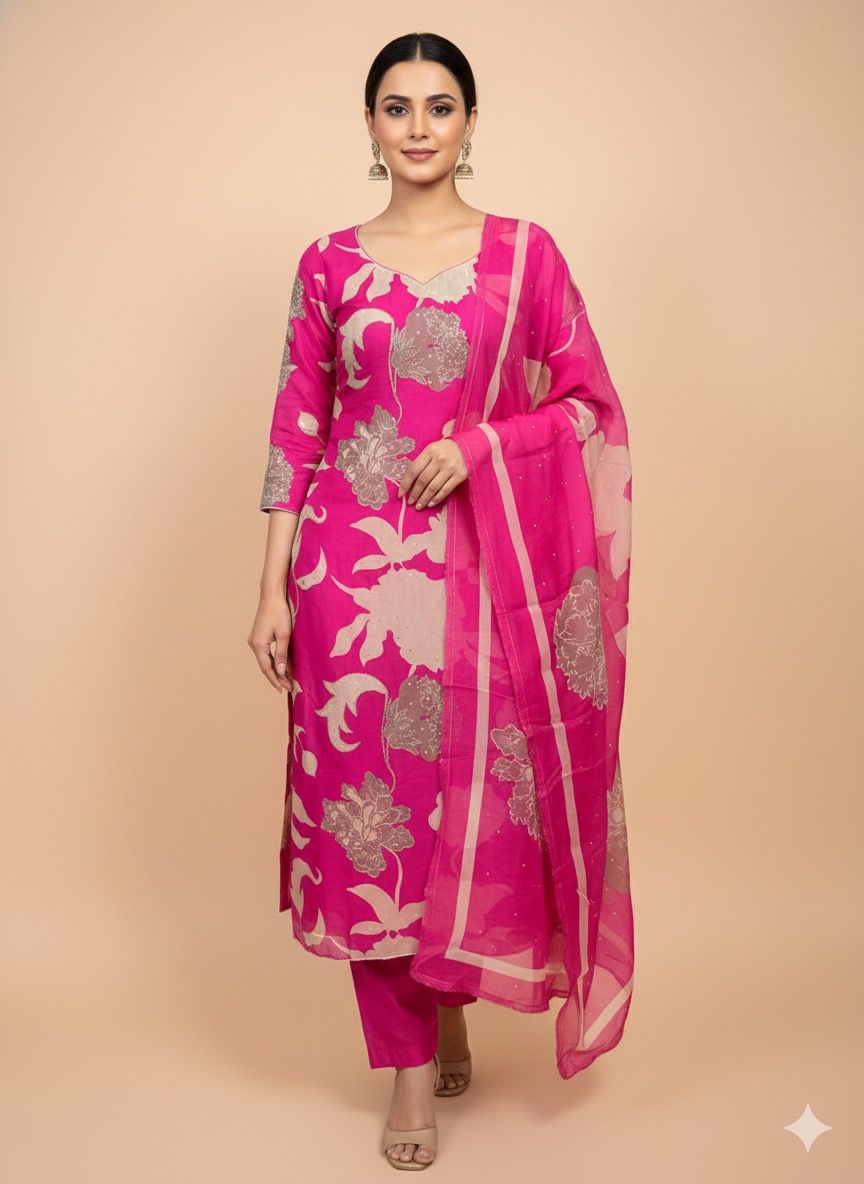 Print Sequin Work Burberry  Suit Fabric – Pink & Beige