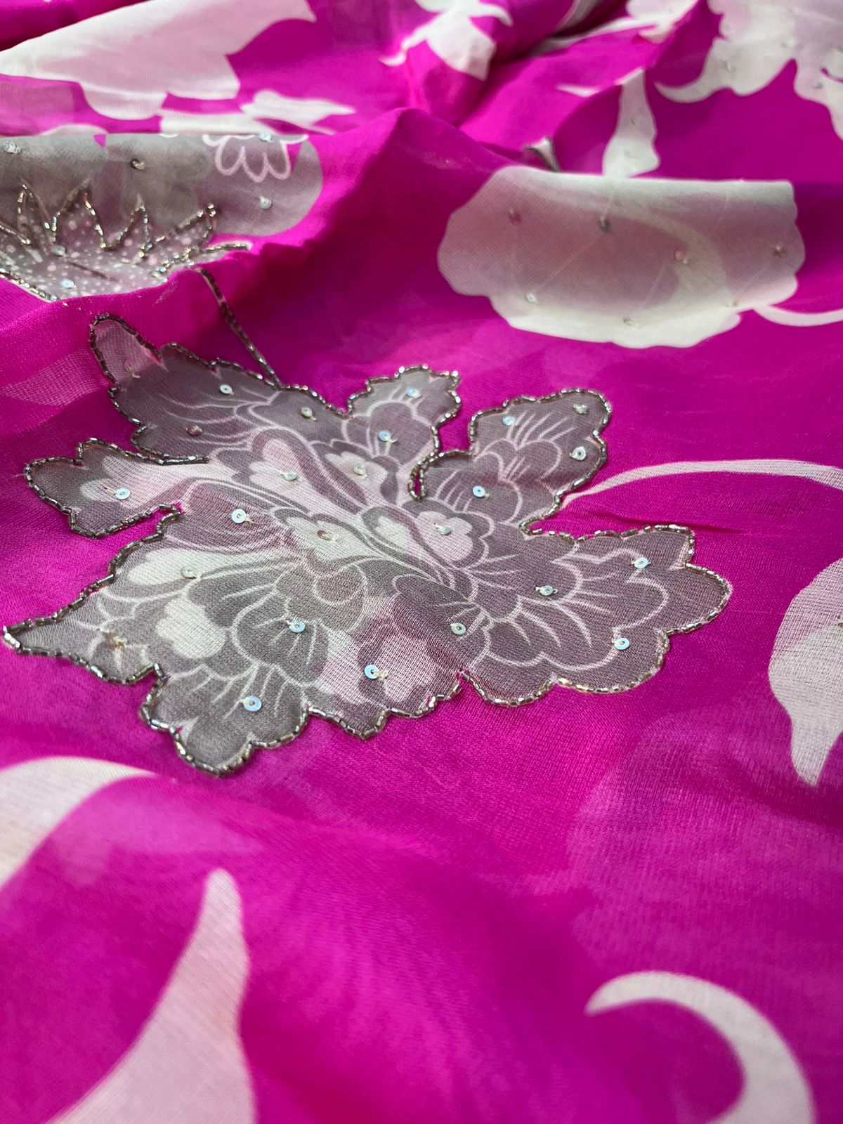 Print Sequin Work Burberry  Suit Fabric – Pink & Beige