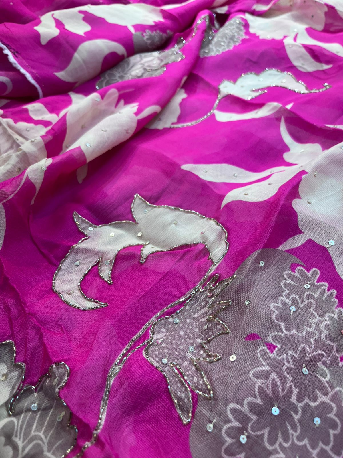 Print Sequin Work Burberry  Suit Fabric – Pink & Beige