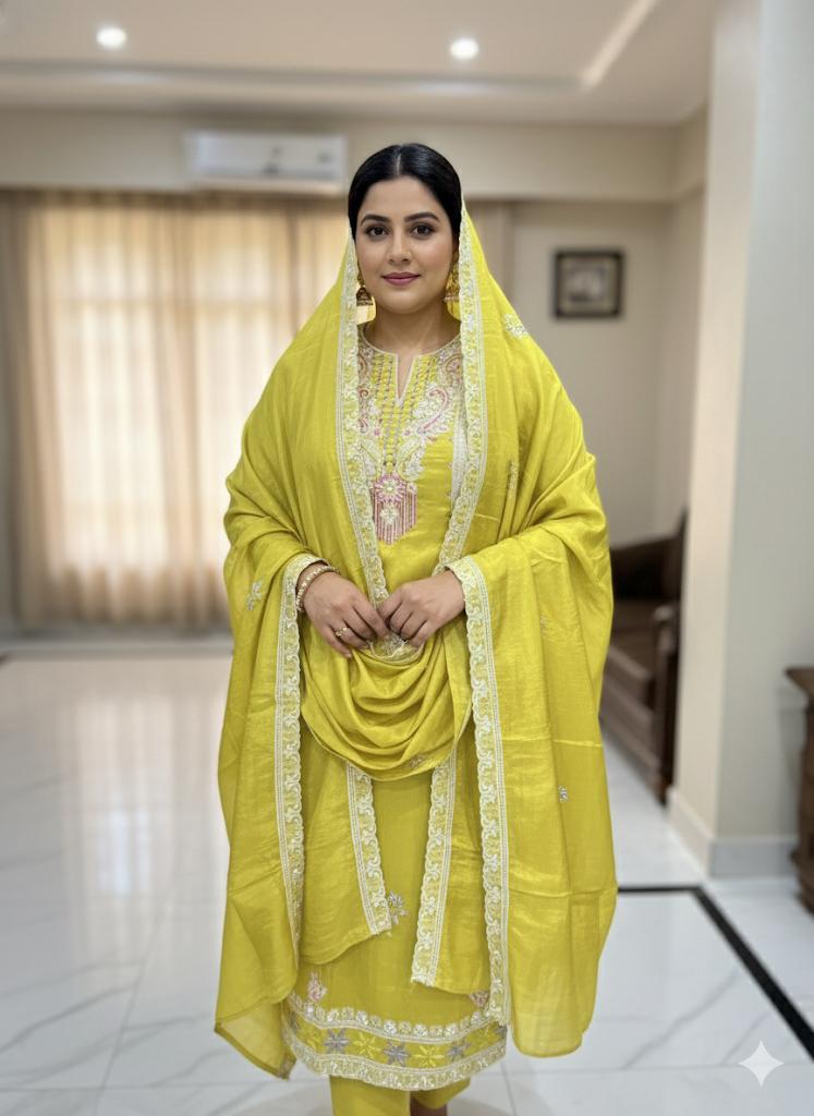 Mustard Yellow Thread & Sequin Embroidered shimmer tissue Suit Set with Dupatta