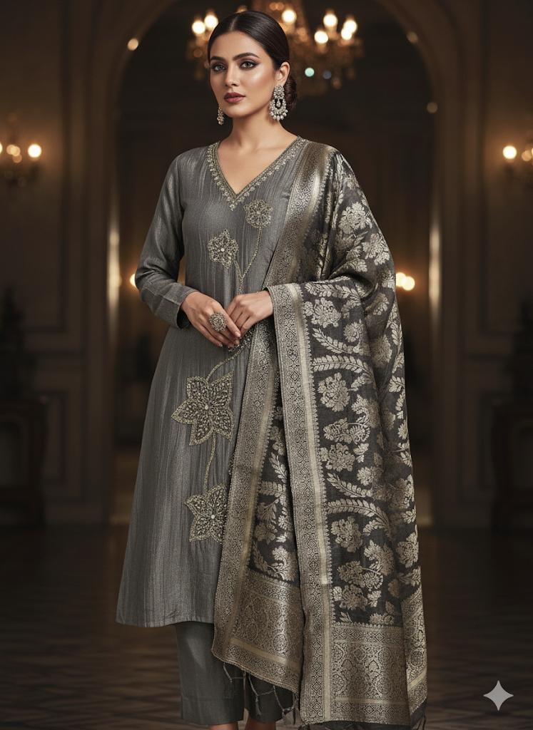 Metallic Shimmer Crush Tissue Silk Suit with Hand Embroidery & Banarasi Dupatta  Grey and dark green