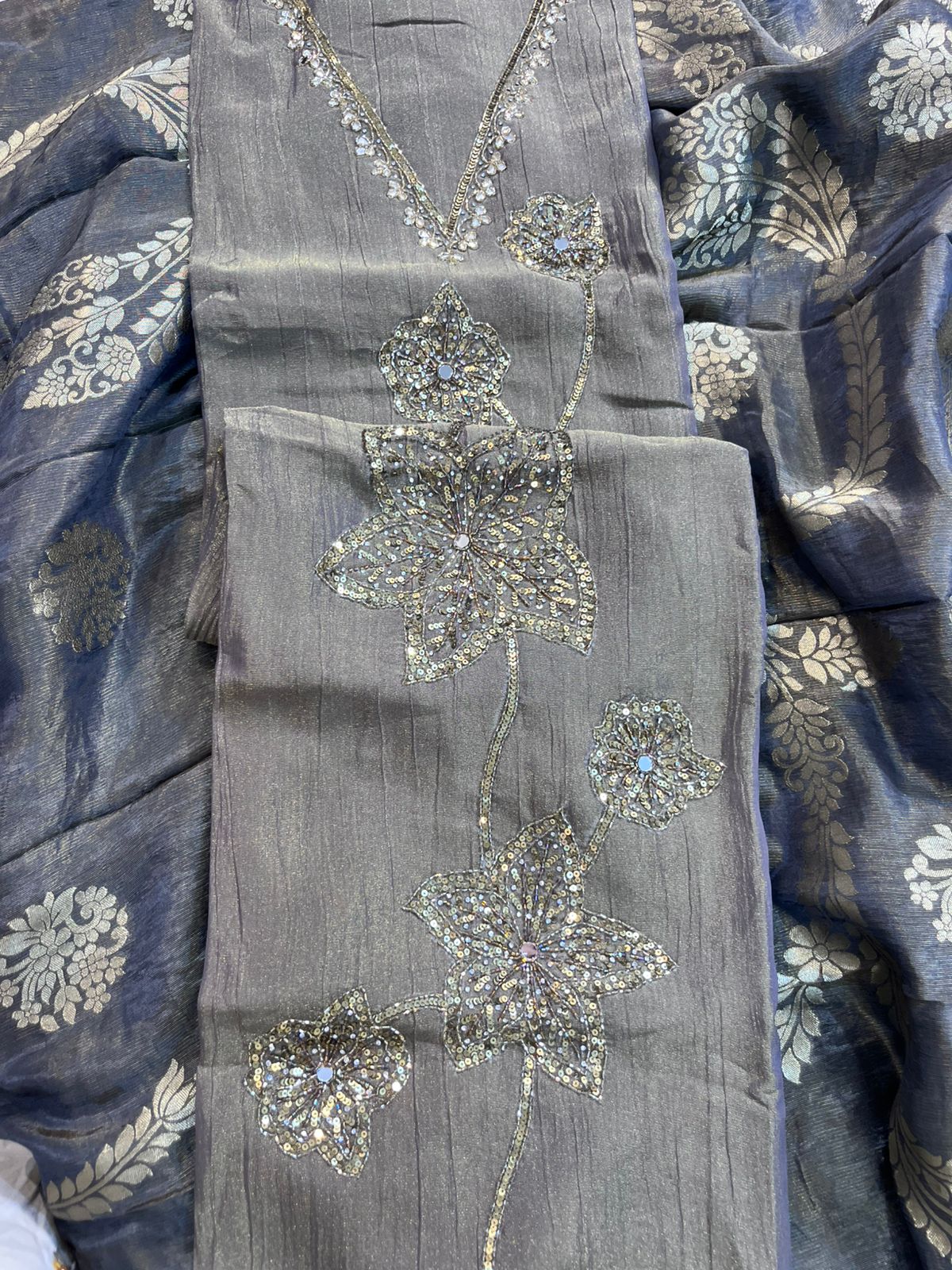 Metallic Shimmer Crush Tissue Silk Suit with Hand Embroidery & Banarasi Dupatta  Grey and dark green